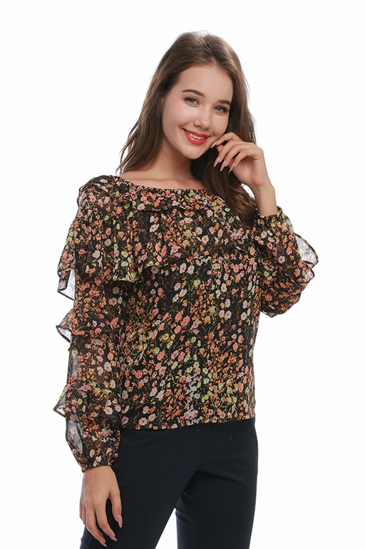 Ladies' Off Shoulder Floral Ruffle Sleeves Ruched Chiffon Women Tops Blouse