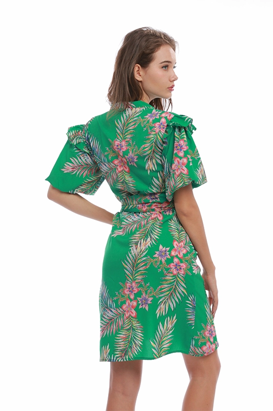 Euro Designer Fashion Women Short Puff Sleeve Belted Front Tie Ladies Floral Women's Casual Dress