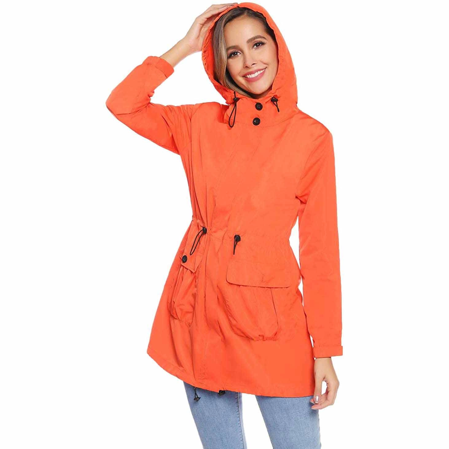 Women's Lightweight Water-Resistant Raincoat Hooded Trench Jacket With Pockets