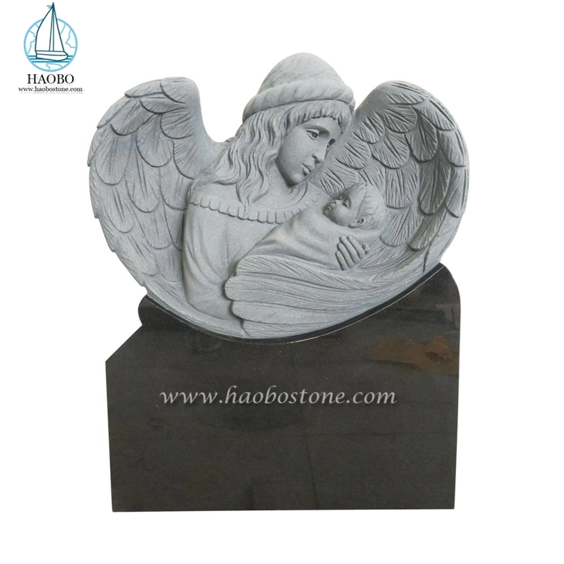Natural Stone Black Granite Angel With Baby Carving Headstone