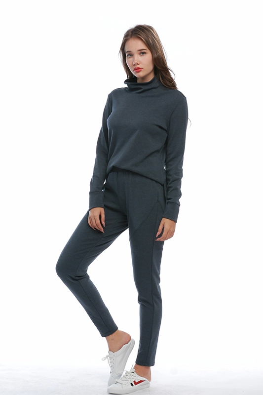 Casual Plain Women Side Slit High Collar Sweatshirt & Slim Sweat Pants Joggers Two-Piece Set