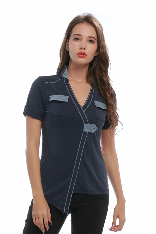 China Manufacturer Casual Slim 100% Cotton Navy Short Sleeve V-Neck Custom Asymmetric Women's POLO T-shirts