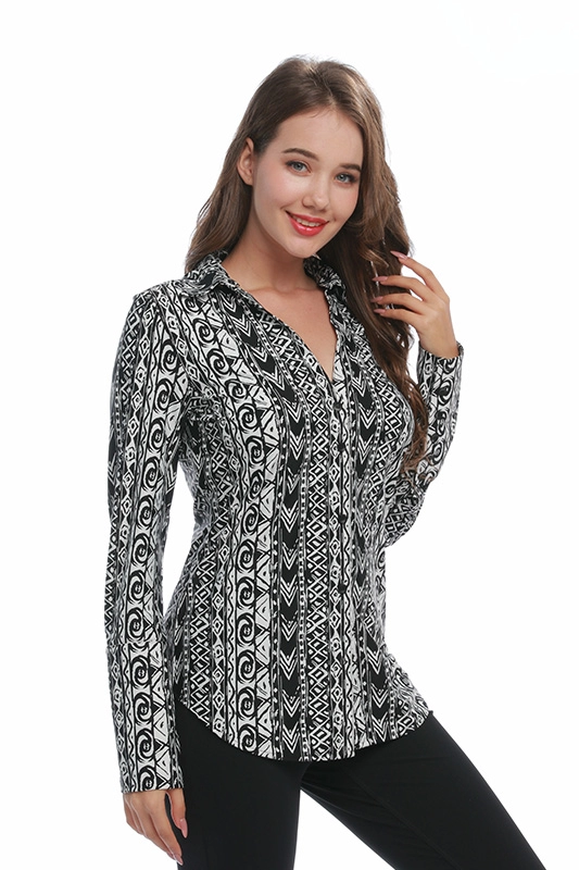 Clothing Manufacturer Geometric Print Long Sleeve V-Neck Polyamide Spandex Women Shirts Blouse