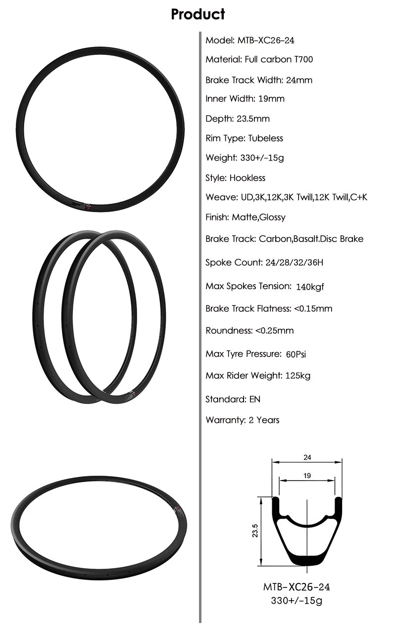 Excellent 26 MTB Rims Superroad XC Cross Country Chinese Carbon Rims 24mm Wide 26 Inch