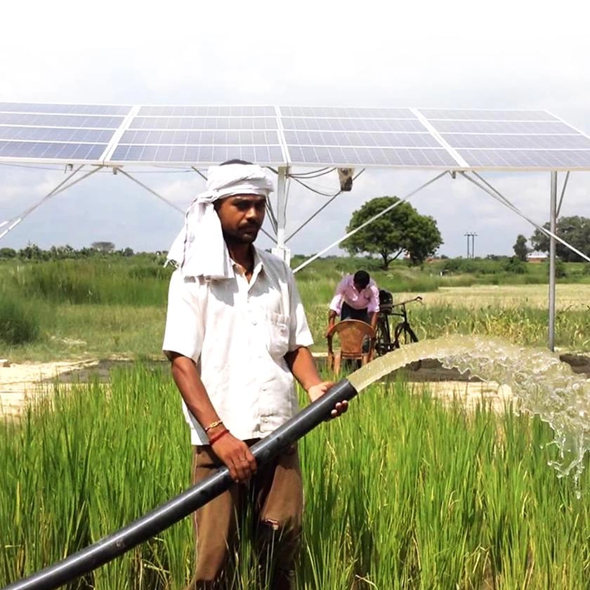 Solar powered deep well water pump system spray irrigation