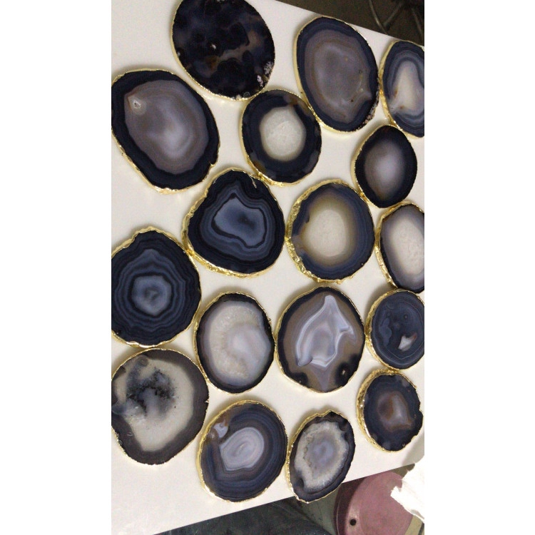 Round natural agate slice coasters with gold edge