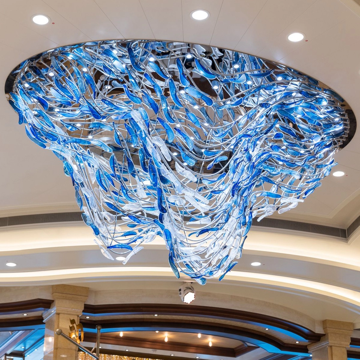 Blue hand blown glass drop chandelier