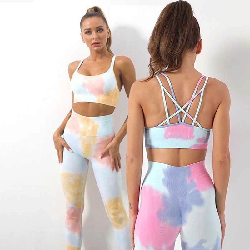 Yoga Set Women Two Piece Fitness Sportswear Leggings For Women Scrunch Butt Workout Sport Shorts Bra Tie Dyed Yoga Pants Gym Set