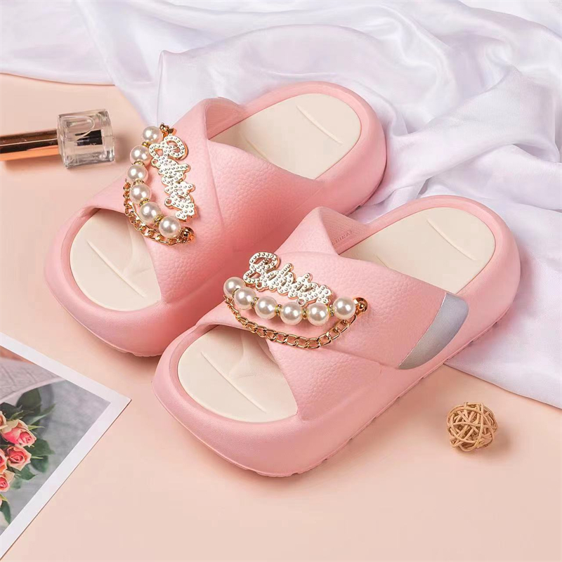 Two-Tone Thick Platform Cross Strap Pearl Slipper